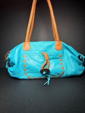 CHI by FALCHI Soft Leather Hobo Turquoise & Tan Braided Handle Bag